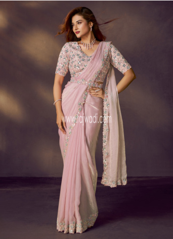 Baby Pink Satin Silk Ready-To-Wear Saree