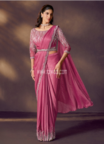 Mulberry Pink Ready-To-Wear Satin Silk Saree
