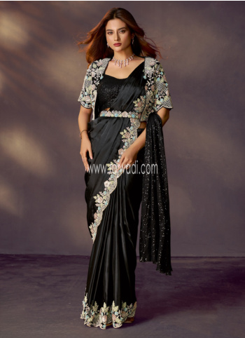 Black Satin Silk Ready To Wear Saree