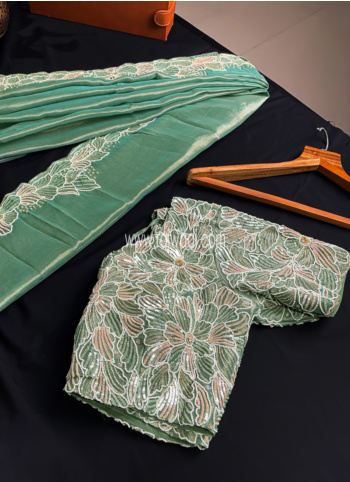 Pista Green Embroidered Organza Saree