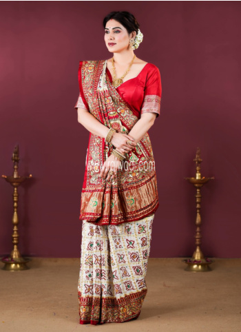 Off White And Red Gajji Silk Bandhani Gharchola Saree