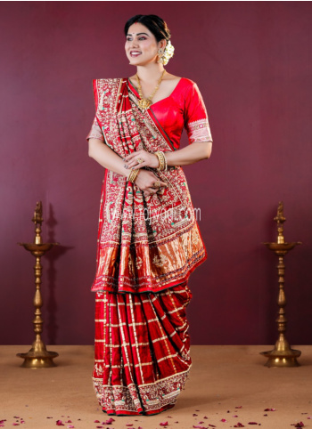 Maroon Gajji Silk Embroidered Gharchola Saree