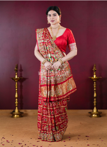 Red Embroidered Gajji Silk Gharchola Saree