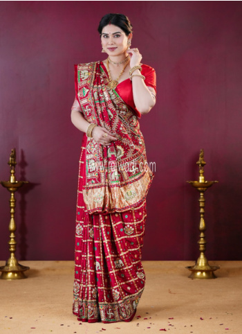 Maroon Embroidered Gajji Silk Gharchola Saree