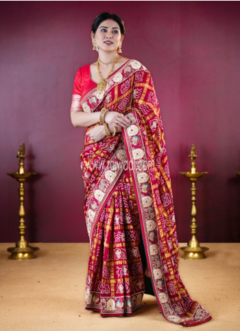 Maroon Embroidered Chanderi Silk Bandhani Gharchola Saree