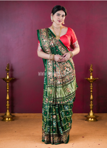 Green Embroidered Gajji Silk Bandhani Gharchola Saree
