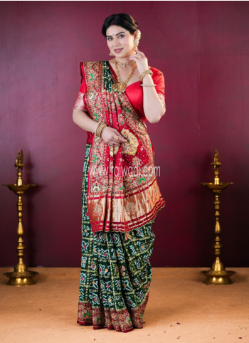 Green And Maroon Gajji Silk Gharchola Saree