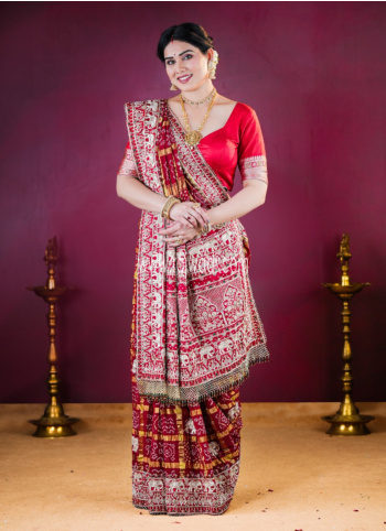 Maroon Embroidered Chanderi Silk Bandhani Gharchola Saree