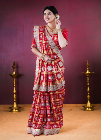 Maroon Bandhani Gharchola Saree In Chanderi Silk