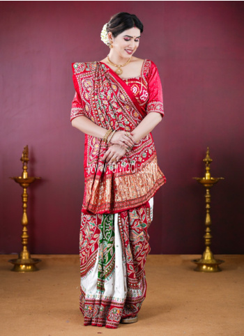 Multicolor Embroidered Bandhani Gharchola Saree In Gajji Silk