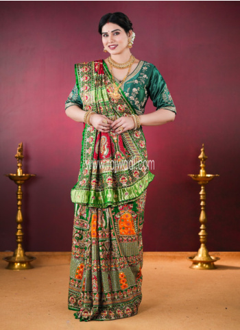 Maroon And Green Embroidered Gajji Silk Gharchola Saree