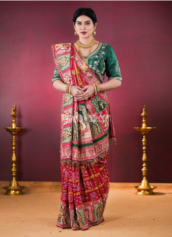 Maroon Chanderi Silk Embroidered Bandhani Gharchola Saree