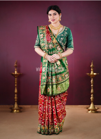 Maroon And Green Gajji Silk Embroidered Gharchola Saree