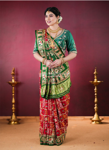 Maroon And Green Gajji Silk Gharchola Saree