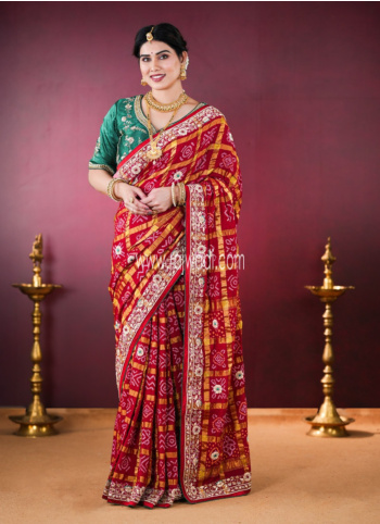 Maroon Embroidered Chanderi Silk Bandhani Gharchola Saree