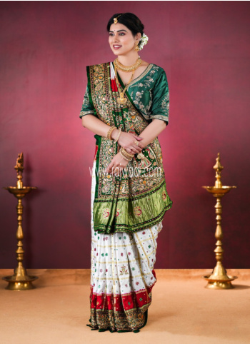Off White And Green Gharchola Saree In Gajji Silk