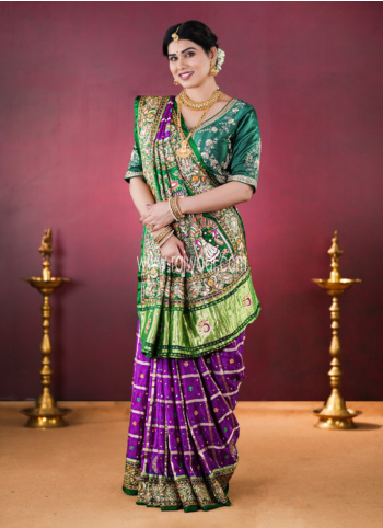 Green And Purple Embroidered Gharchola Saree In Gajji Silk