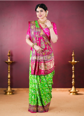 Parrot Green And Rani Bandhani Gajji Silk Gharchola Saree
