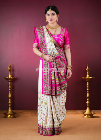 Cream And Rani Embroidered Gajji Silk Gharchola Saree