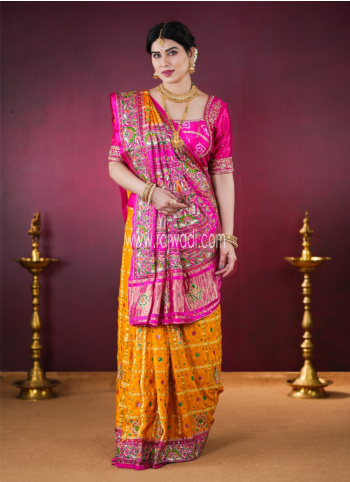 Yellow And Rani Gajji Silk Gharchola Saree