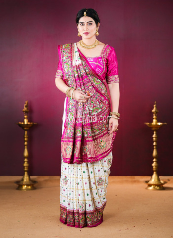 Off White And Rani Gajji Silk Gharchola Saree