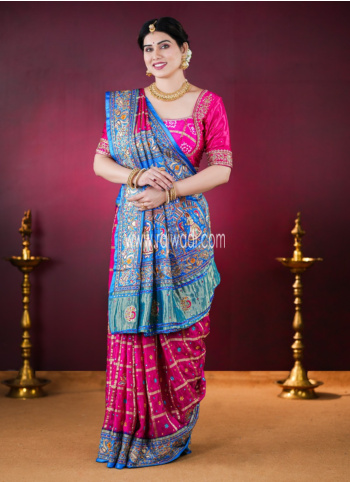 Rani And Blue Embroidered Gajji Silk Gharchola Saree