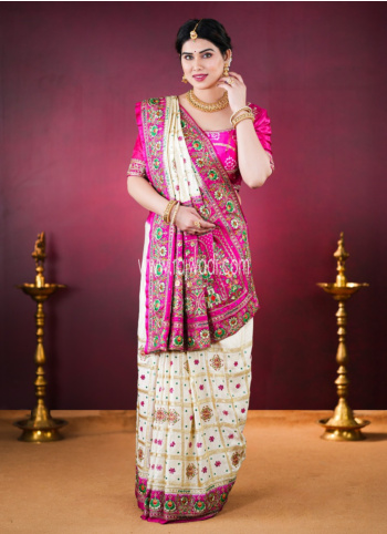 Cream And Rani Gajji Silk Gharchola Saree