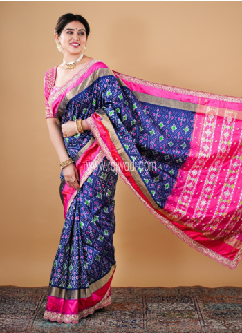 Navy Blue And Rani Patola Saree In Silk
