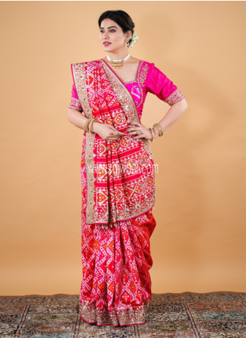 Crimson Silk Embroidered Patola Saree