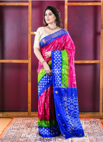 Rani And Blue Embroidered Patola Silk Saree