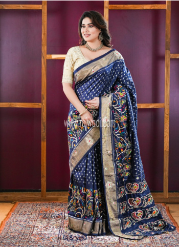 Navy Blue Embroidered Patola Silk Saree