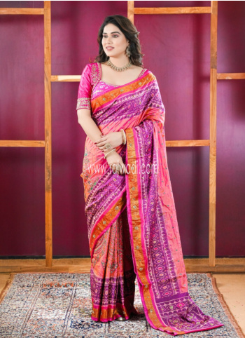 Dark Coral Embroidered Patola Silk Saree