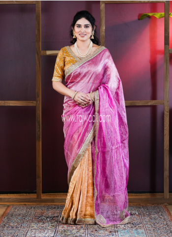 Pink And Orange Organza Saree With Readymade Blouse