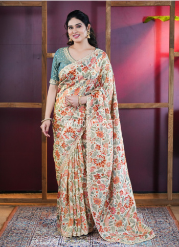 Cream Shimmer Silk Floral Printed Choli Saree