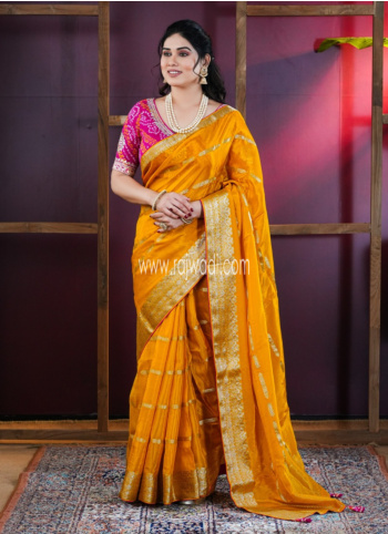 Yellow Embroidered Silk Saree WIth Readymade B;ouse