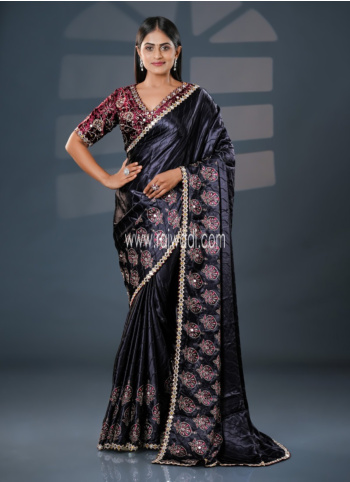 Black Crepe Silk Saree With Readymade Blouse