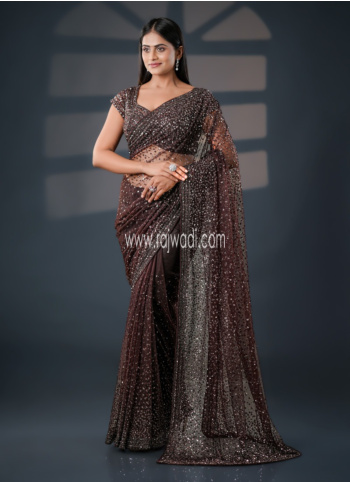 Brown Net Embroidered Saree With Readymade Blouse