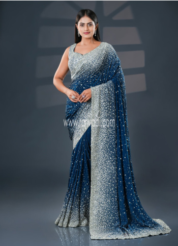 Blue Crepe Saree With Readymade Blouse