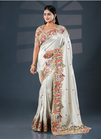 Off White Floral Embroidered Shimmer Tissue Saree