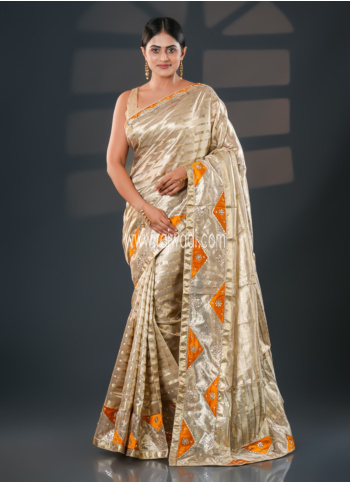 Light Gold Embroidered Saree In Tissue Fabric