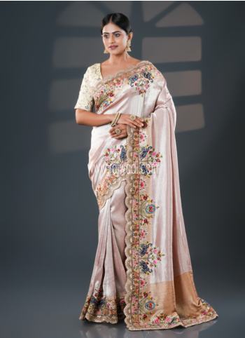 Onion Pink Embroidered Shimmer Fabric Saree