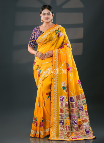 Yellow Embroidered Net Organza Saree