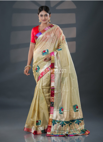 Pista Green Embroidered Tissue Saree