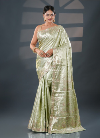 Pista Green Embroidered Kanjivaram Tissue Saree