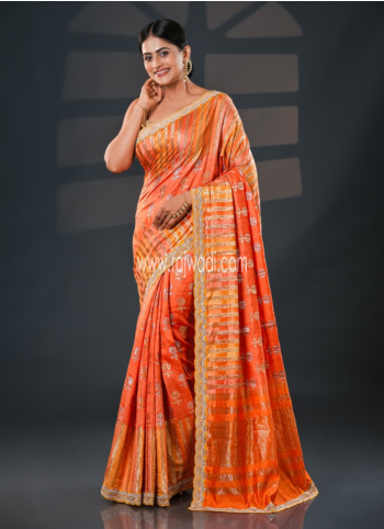 Orange and Light Pink Embroidered Saree In Crush Fabric