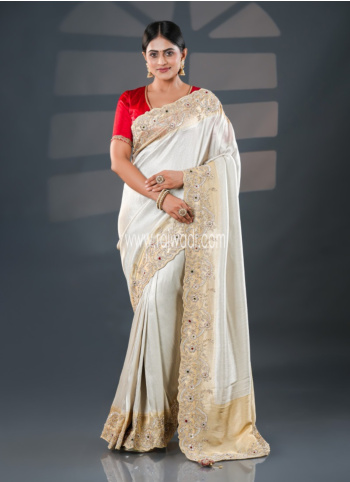 OffWhite Embroidered Shimmer Tissue Saree