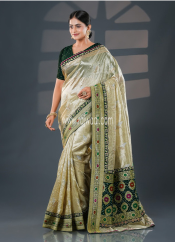 Bottle Green Embroidered Khadi Georgette Saree