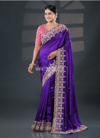 Purple Embroidered Raw Silk Saree