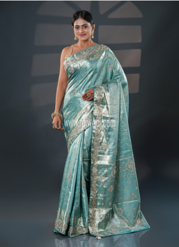 Light Blue Embroidered Kanjivaram Tissue Saree