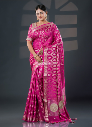Rani Embroidered Chiniya Fabric Saree With Ready Blouse 